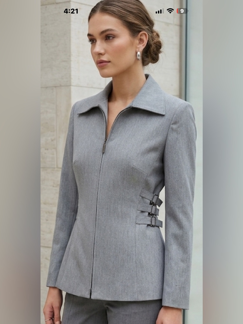 Vertigo Paris Grey Zip-Front Tailored Blazer made in France 17” PTP. NWOT